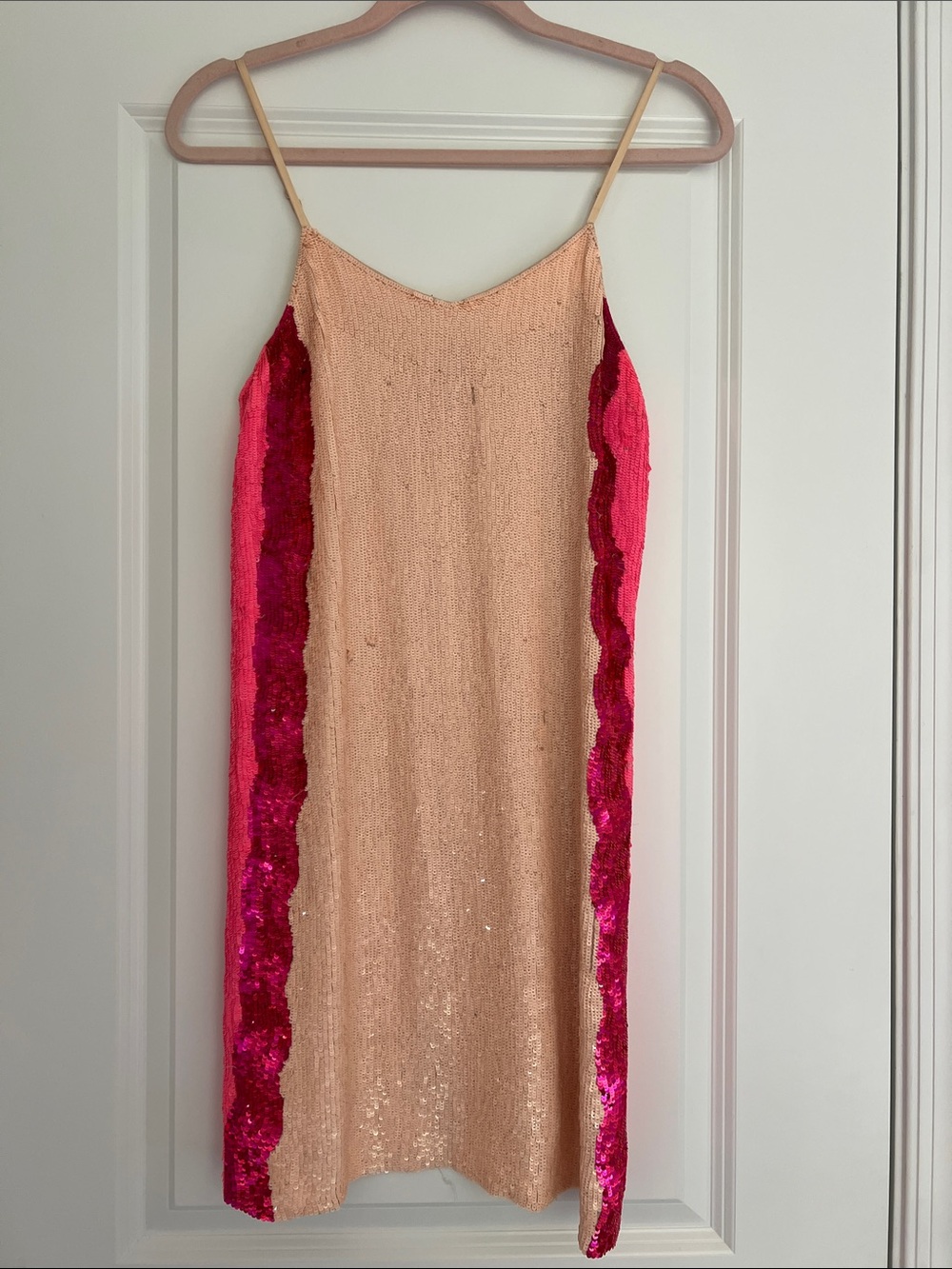 Retrofête Punk Sequin Slip Dress in Pale Pink with Hot Pink Trim